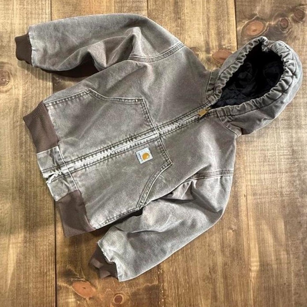 Carhartt Active Jacket Youth size 6 Gray Hooded Quilted Canvas Zip Work Coat